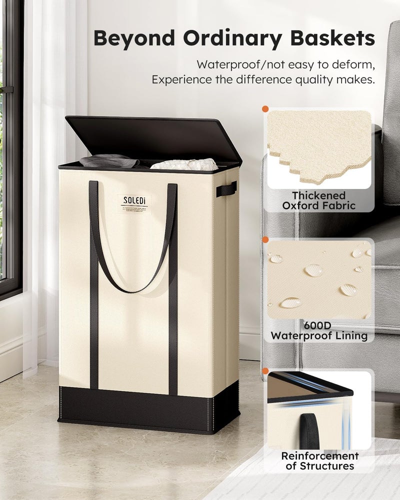 SOLEDI Slim Laundry Hamper with Lid,Collapsible Narrow Laundry Basket with Handles,Tall Skinny Dirty Clothes Hamper for Laundry Room,Dorm,Bathroom,Bedroom,and Small Spaces, 53L Beige - Image 3