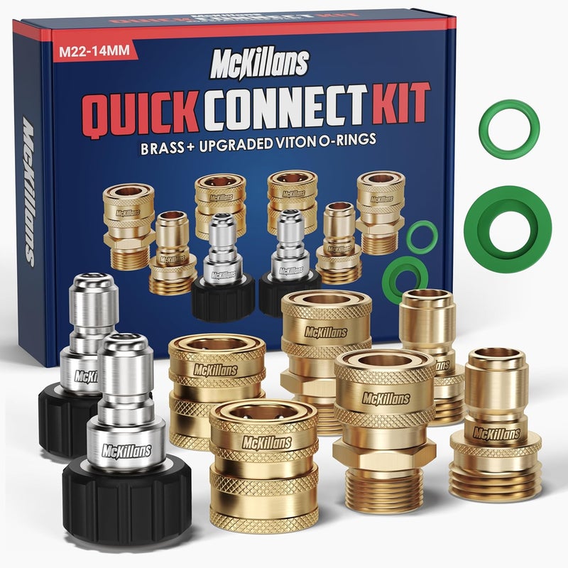 McKillans مجموعة مكيلانز® للاتصال السريع لغسالة الضغط، مجموعة فصل سريع من M22-14mm إلى 3/8 بوصة ذكر/أنثى لغسالة الطاقة (نحاس) - Image 1
