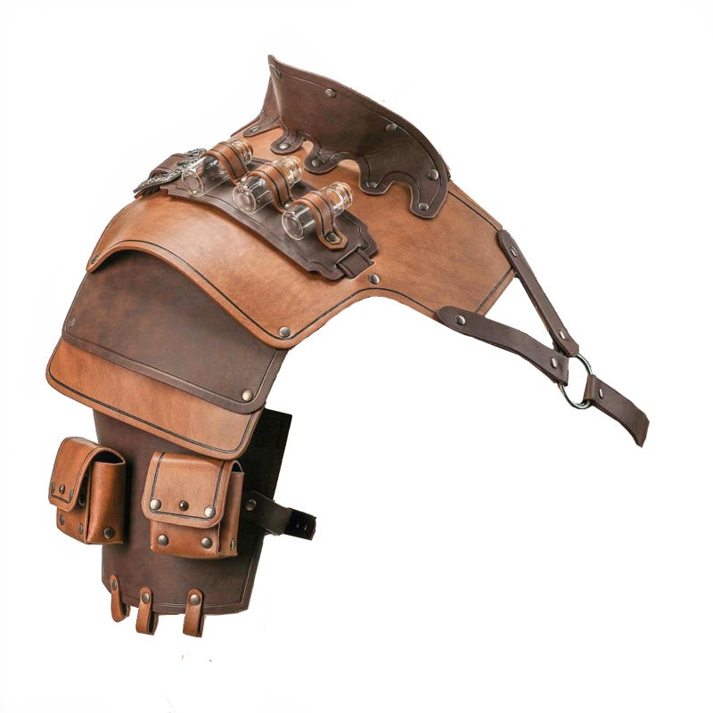 SUMGOGO Single Shoulder Armor Vials Coin Pouch Retro Medieval Knight Shoulder Armors Pauldron Renaissance Cosplay Viking Costume (Brown a) - Image 1