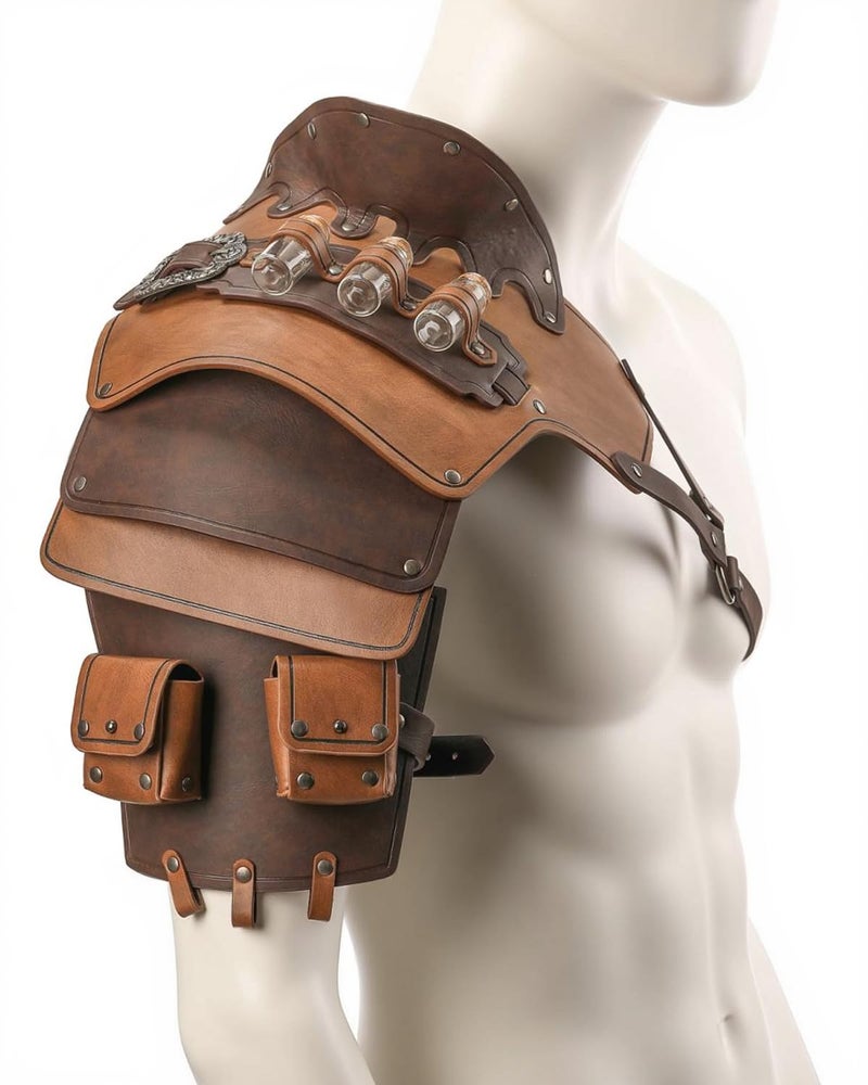 SUMGOGO Single Shoulder Armor Vials Coin Pouch Retro Medieval Knight Shoulder Armors Pauldron Renaissance Cosplay Viking Costume (Brown a) - Image 2