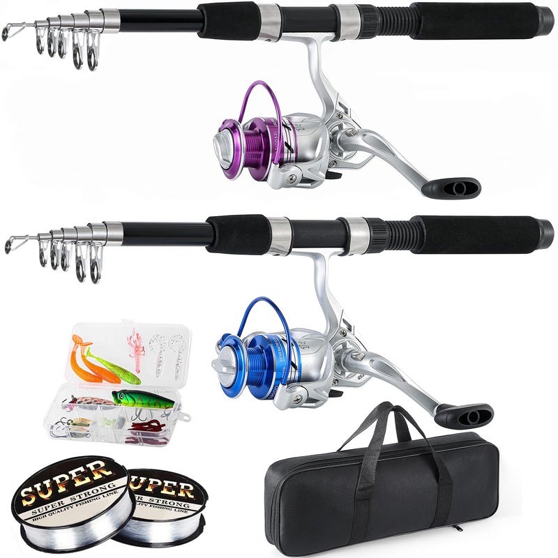 Tripquips Fishing Pole Combo, 6.9ft 2Pcs Telescopic Rods Set, Collapsible Fishing Rods, 2PCS Spinning Reel Set with Carrier Bag Freshwater Fishing Rod and Reel Combos Kits(Blue and Purple) - Image 1