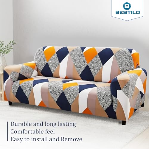 B BESTILO Sofa Cover 3 Seater Fully Covered Universal 3 Seater Sofa Cover Non-Slip Sticky Elastic Stretchable Sofa Set Imported Slipcover Protector (Triple Seater) Sofa Cover, Blend Geometric - Image 2