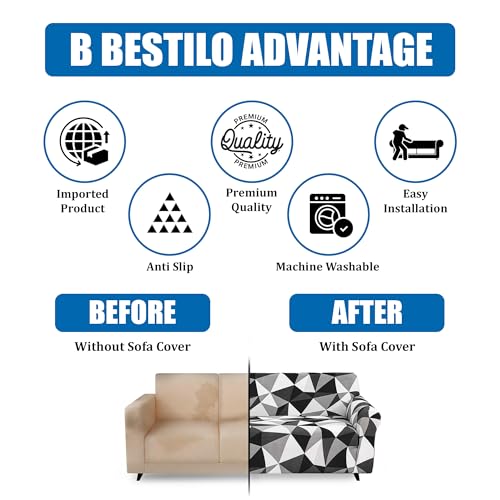 B BESTILO Sofa Cover 3 Seater Fully Covered Universal 3 Seater Sofa Cover Non-Slip Sticky Elastic Stretchable Sofa Set Imported Slipcover Protector (Triple Seater) Sofa Cover, Blend Geometric - Image 3