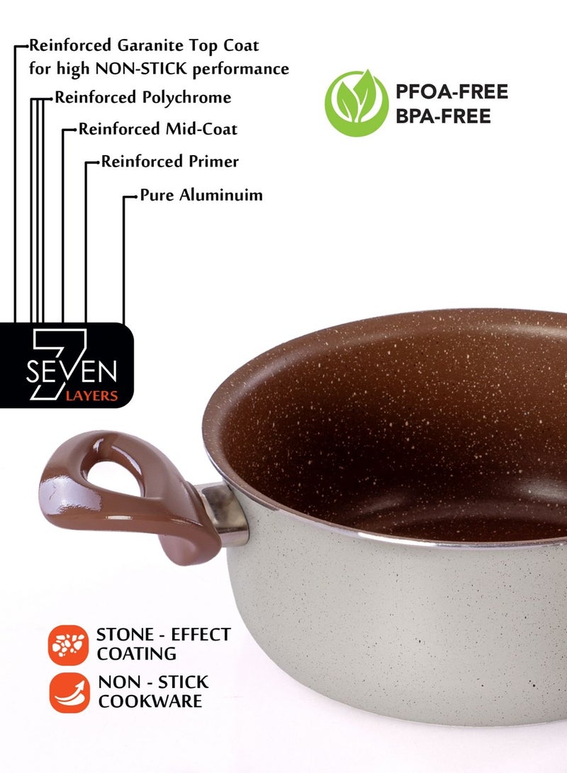 Grandi 10 Pieces Cookware Set With 7-Layer Granite Coated Non-Stick Surface with Bakelite Handles and Stainless Steel Lids - White Brown and beige granite - Image 5