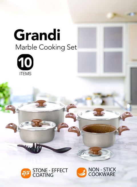10 Pieces Cookware Set With 7-Layer Granite Coated Non-Stick Surface with Bakelite Handles and Stainless Steel Lids - White Brown and beige granite