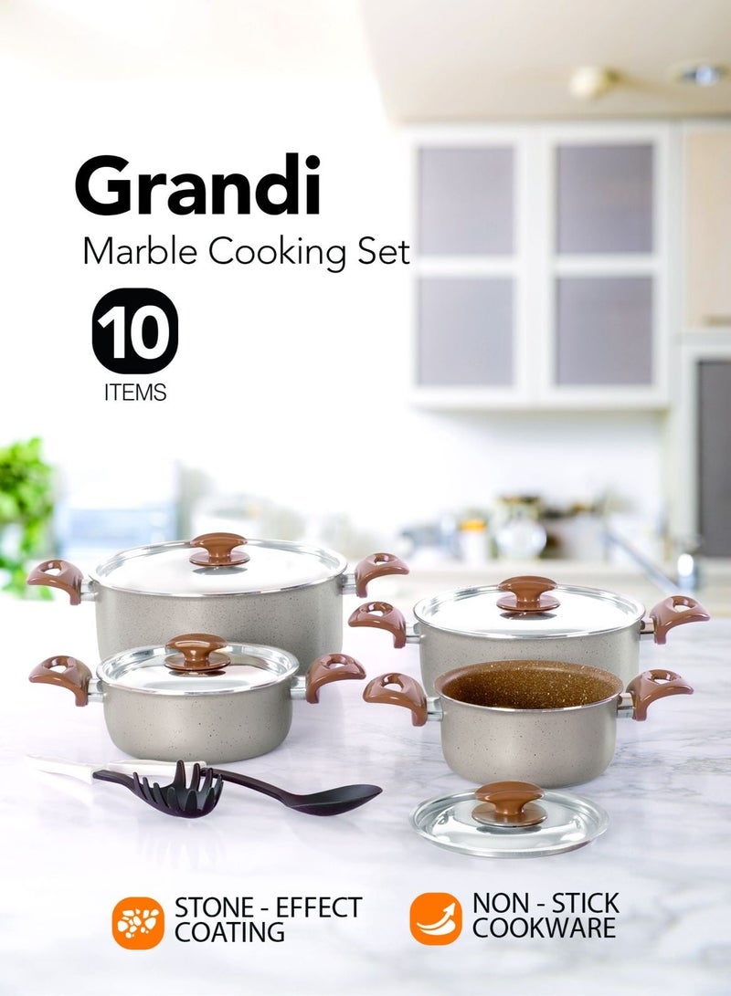 Grandi 10 Pieces Cookware Set With 7-Layer Granite Coated Non-Stick Surface with Bakelite Handles and Stainless Steel Lids - White Brown and beige granite - Image 1