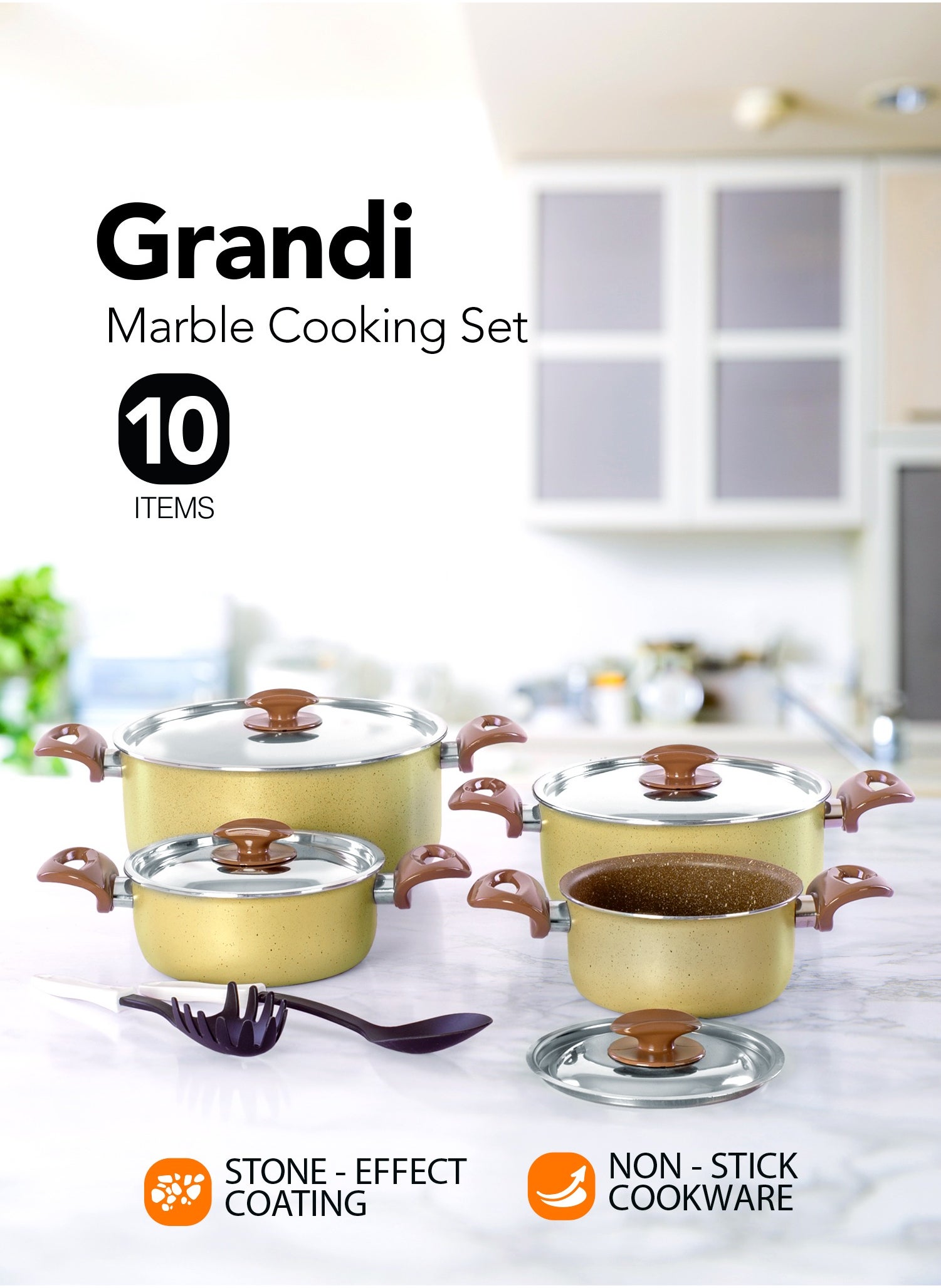 10 Pieces Cookware Set With 7-Layer Granite Coated Non-Stick Surface with Bakelite Handles and Stainless Steel Lids - Brown and beige granite 