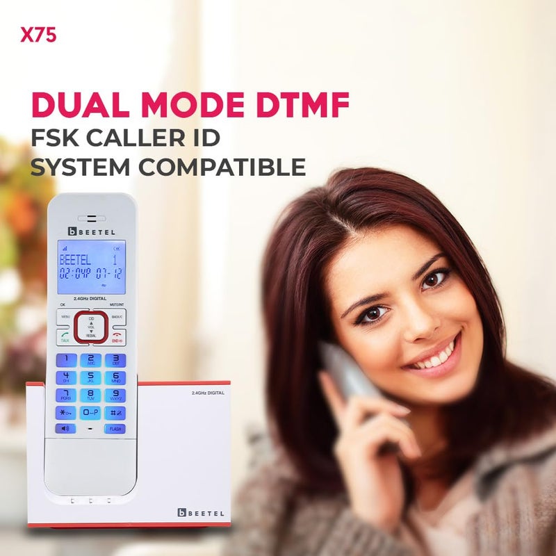 Beetel هاتف أرضي لاسلكي X75 بتردد 2.4 جيجاهرتز، وضع مزدوج DTMF/FSK، شاشة LCD 7 قطع خط واحد وإضاءة خلفية زرقاء LED، لوحة مفاتيح مضاءة، هاتف مكبر صوت ثنائي الاتجاه، تحكم في حجم رنين 6 خطوات (أحمر/أبيض) (X75) - Image 4
