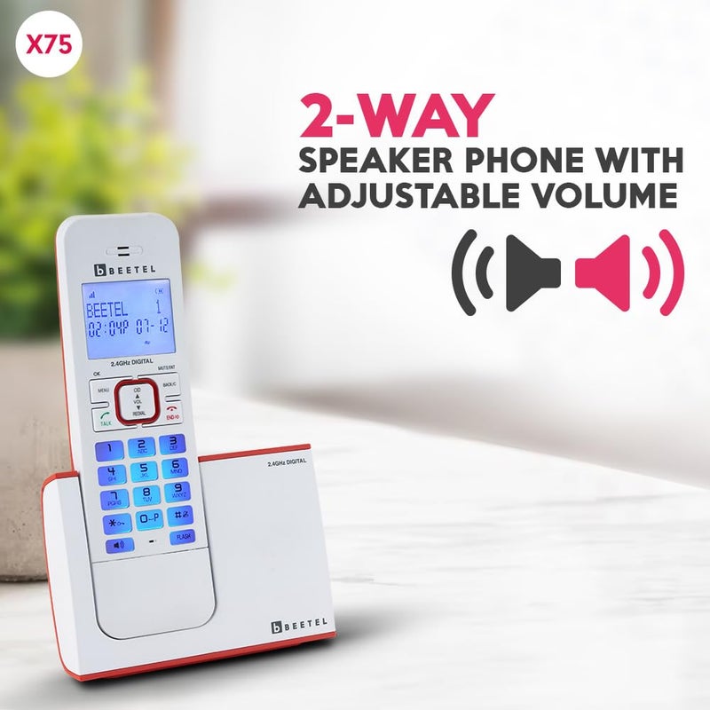 Beetel هاتف أرضي لاسلكي X75 بتردد 2.4 جيجاهرتز، وضع مزدوج DTMF/FSK، شاشة LCD 7 قطع خط واحد وإضاءة خلفية زرقاء LED، لوحة مفاتيح مضاءة، هاتف مكبر صوت ثنائي الاتجاه، تحكم في حجم رنين 6 خطوات (أحمر/أبيض) (X75) - Image 3
