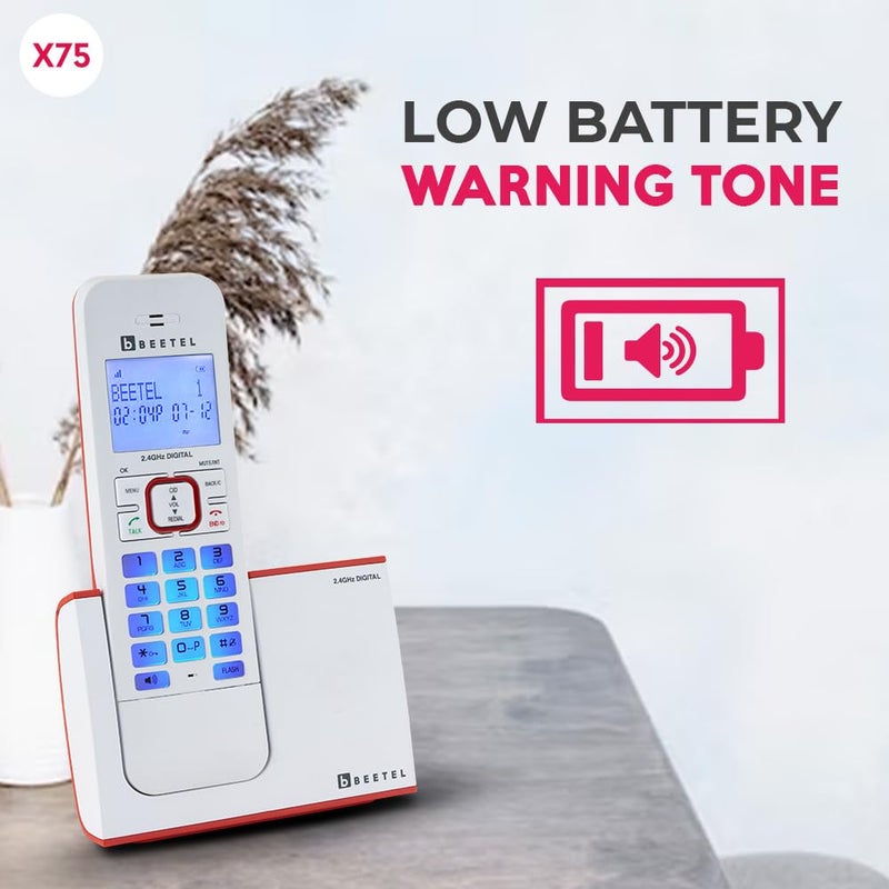 Beetel هاتف أرضي لاسلكي X75 بتردد 2.4 جيجاهرتز، وضع مزدوج DTMF/FSK، شاشة LCD 7 قطع خط واحد وإضاءة خلفية زرقاء LED، لوحة مفاتيح مضاءة، هاتف مكبر صوت ثنائي الاتجاه، تحكم في حجم رنين 6 خطوات (أحمر/أبيض) (X75) - Image 5