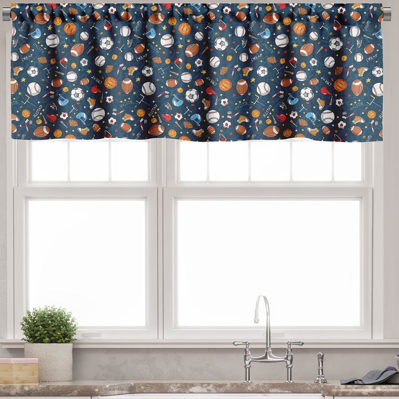 Ambesonne Ambesonne Sport Valance & Tier Curtain 3 pcs Set  Many Basketball Baseball and Football Champ Gloves Dark Background  Window Treatments for Kitchen Room Decor  55"" x 36""  Dark Blue Multicolor - Image 3
