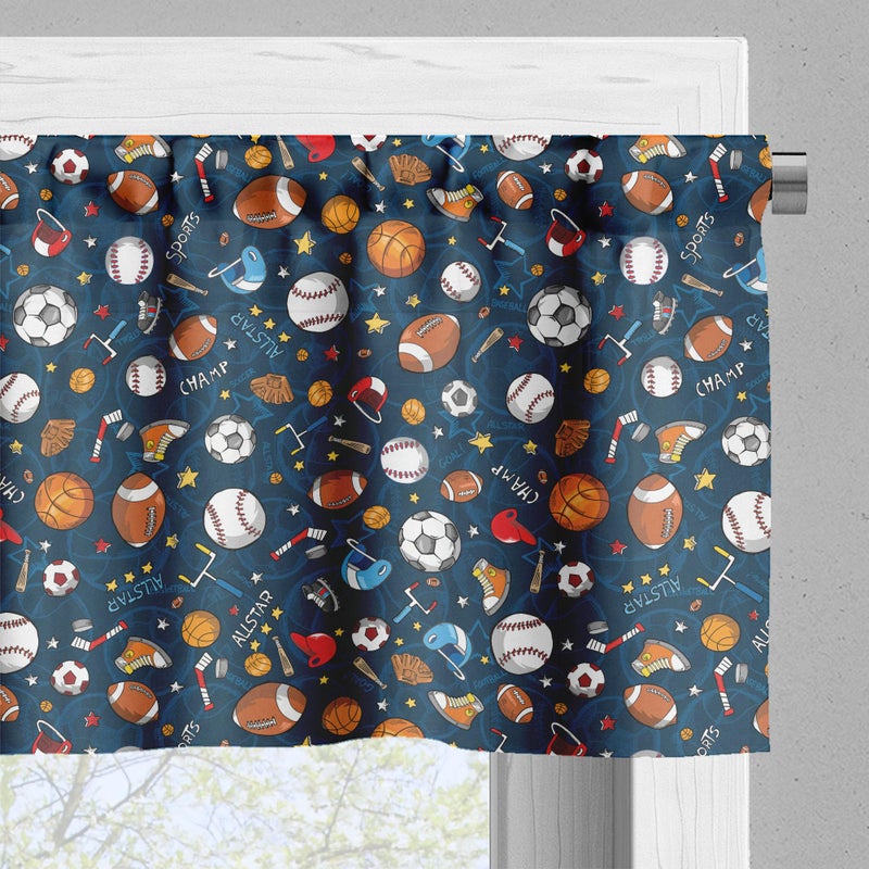 Ambesonne Ambesonne Sport Valance & Tier Curtain 3 pcs Set  Many Basketball Baseball and Football Champ Gloves Dark Background  Window Treatments for Kitchen Room Decor  55"" x 36""  Dark Blue Multicolor - Image 5
