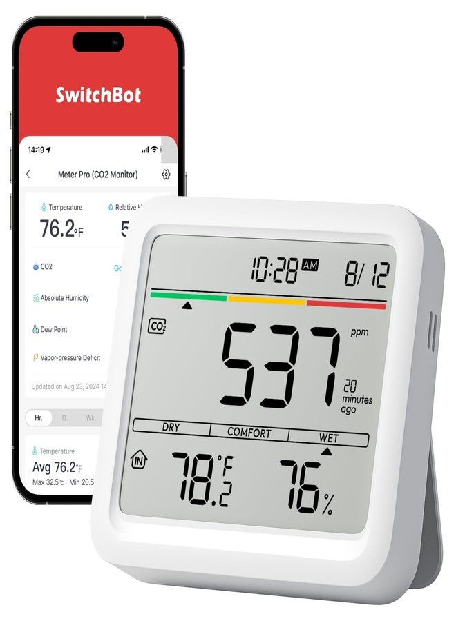 SwitchBot Meter Pro CO2 6 in 1 Indoor Air Quality Monitor, CO2 Alarm, Large Display, Bluetooth Air Quality Tester for Home, Office, Data Storage 2 - Image 1
