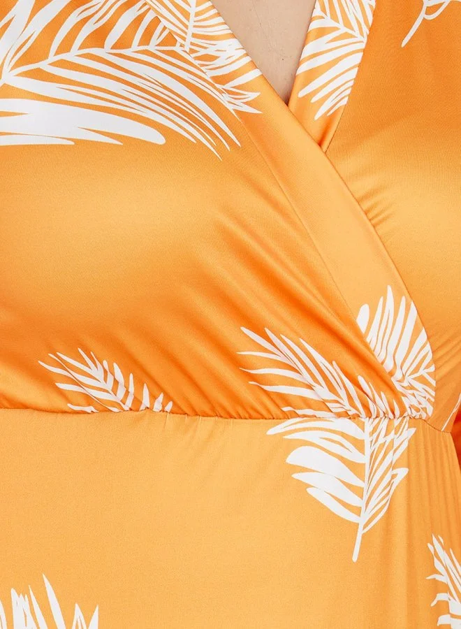 Styli Plus Leaf Print Wrap Style Maxi Dress