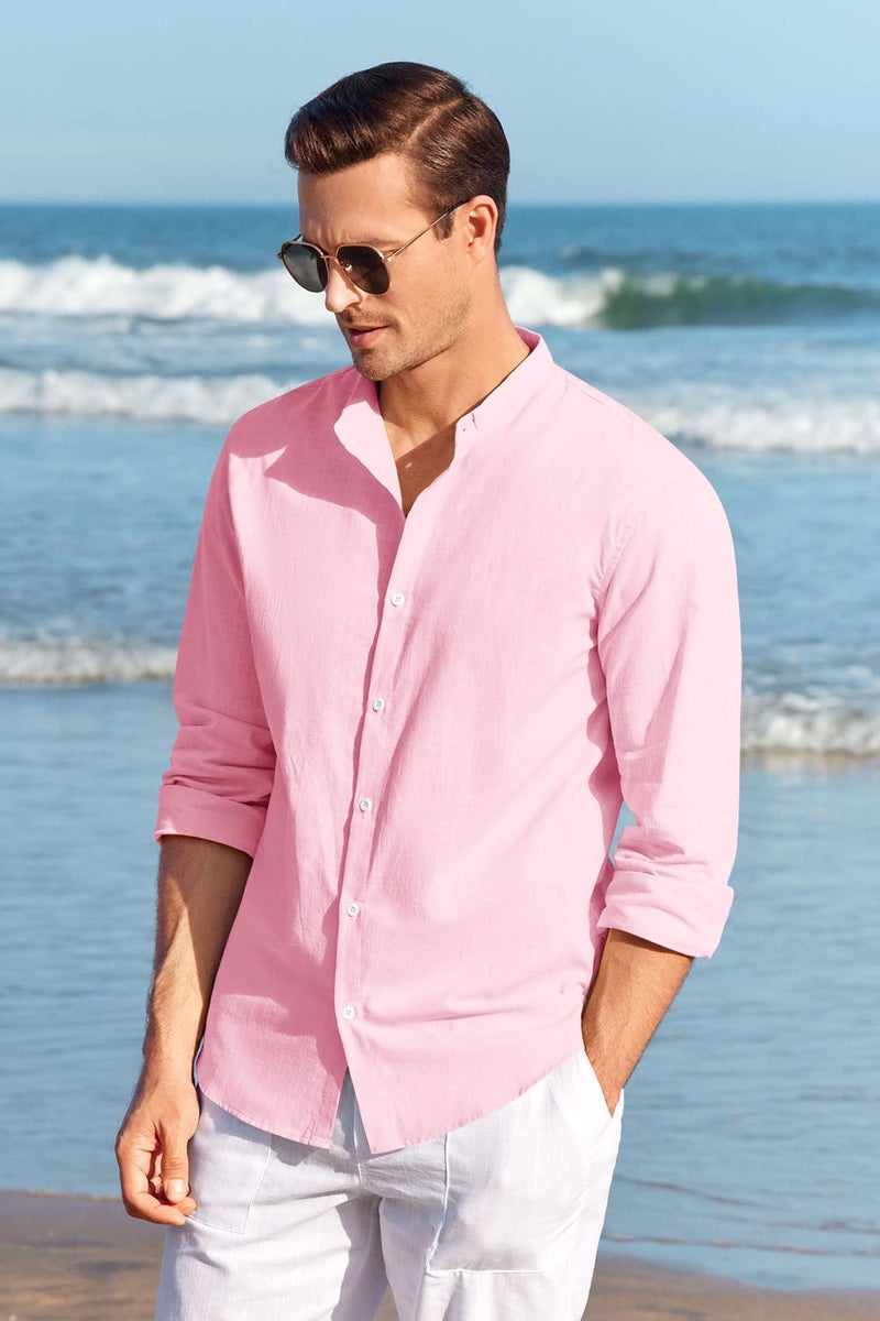 Makkrom Men Linen Shirt Button Down Long Sleeve Cotton Beach Band Collar Casual Summer Shirts - Image 4
