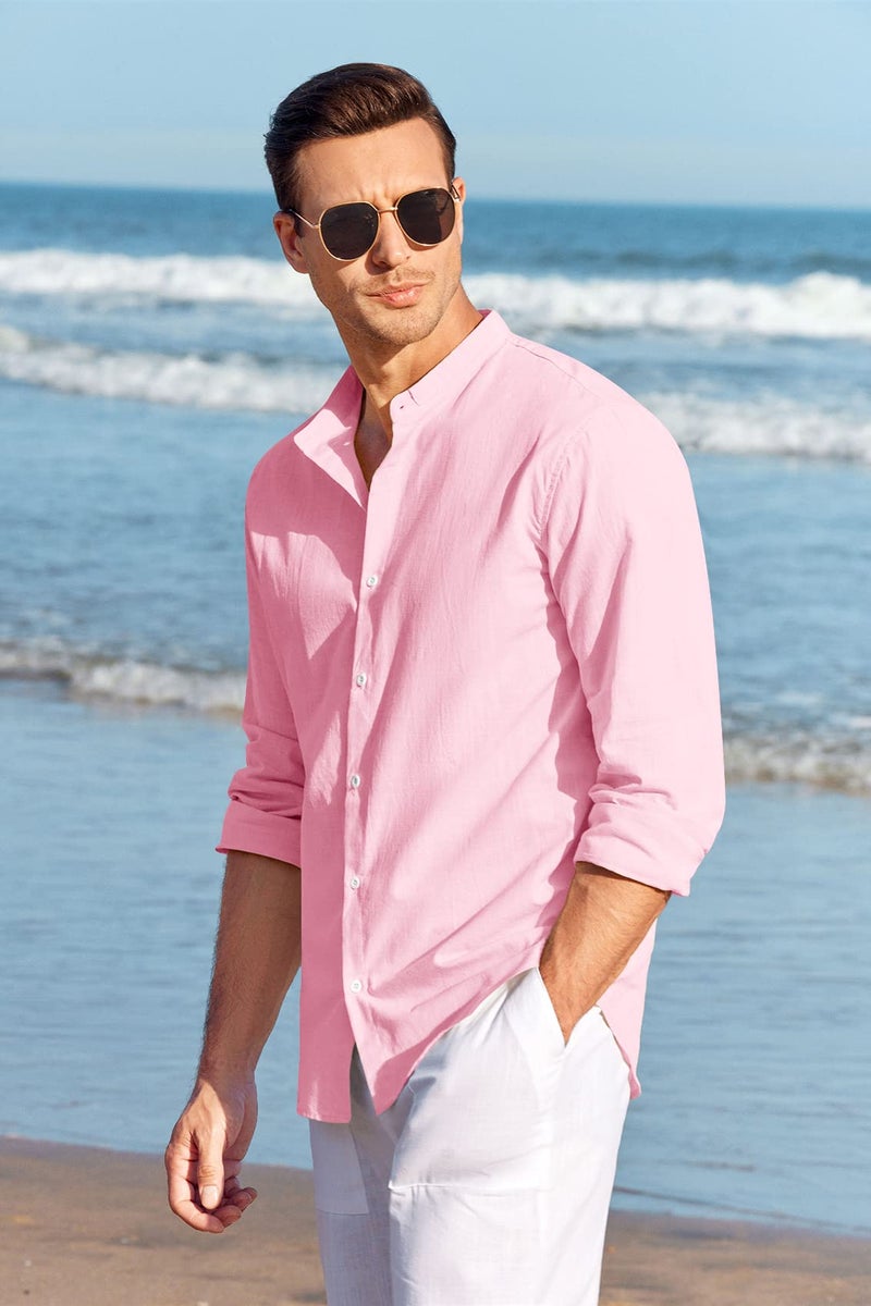 Makkrom Men Linen Shirt Button Down Long Sleeve Cotton Beach Band Collar Casual Summer Shirts - Image 5