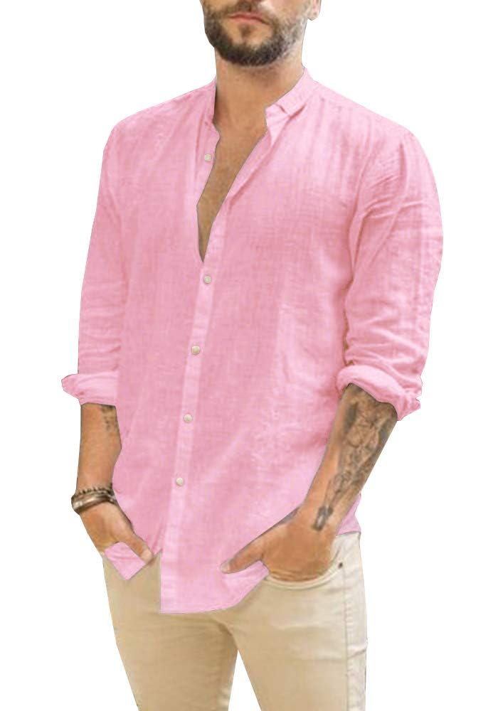 Makkrom Men Linen Shirt Button Down Long Sleeve Cotton Beach Band Collar Casual Summer Shirts - Image 1