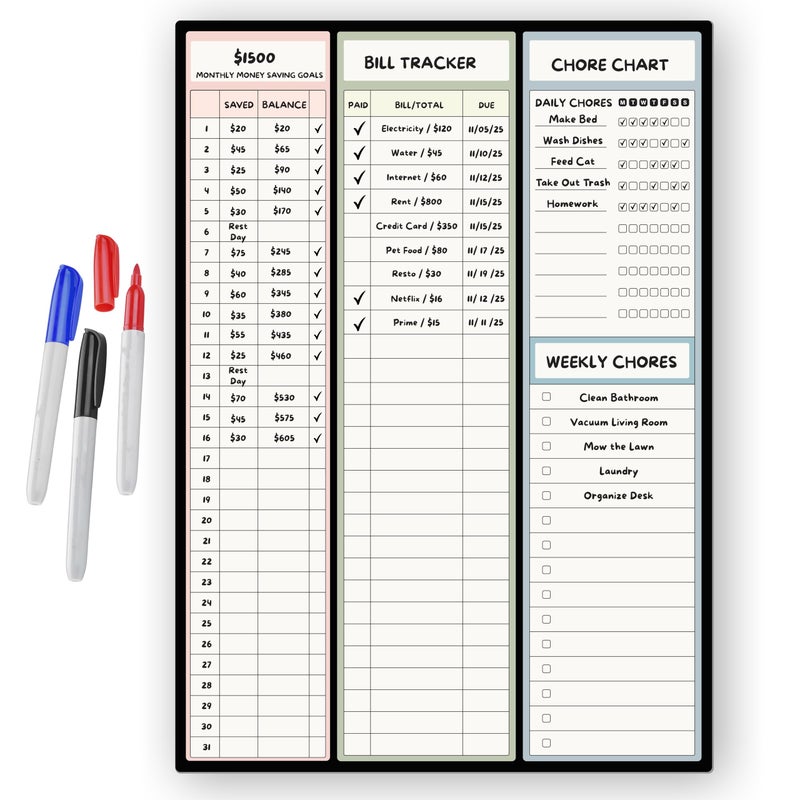 Sunsella Magnetic Dry Erase Budget Planner and Bill Organizer | 10" x 14" Whiteboard Calendar for Wall or Fridge | Monthly Bill Tracker, Chore Chart, and Family Organizer | Dry Erasable Markers Included - Image 1