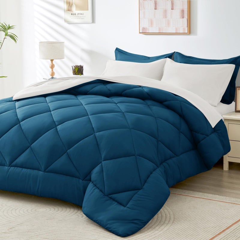 HEVUMYI HEVUMYI Teal Blue  Ivory Queen Comforter Set  7Piece All Season Bed in a Bag Queen Ultra Soft Bedding Set with Comforter Flat Sheet Fitted Sheet Pillowcases Pillow Shams Teal Blue  Ivory 
