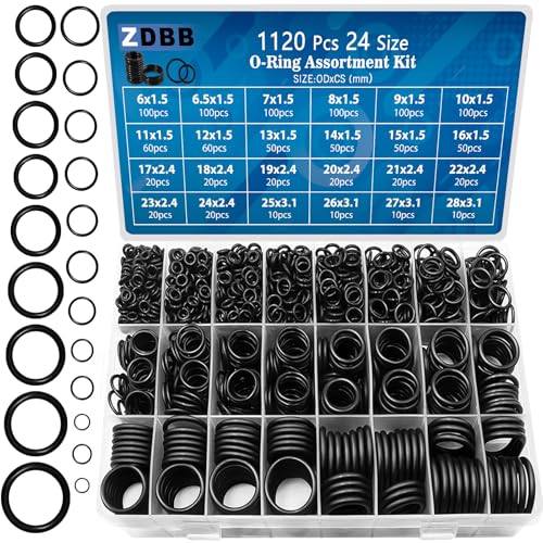 ZDBB 24 Size Rubber O Ring Set,1120 Pcs Black Small O Rings Assortment Kits,Assorted Metric Sealing Washer for Auto Plumbing Faucet Water Air or Gas Repair - Image 1