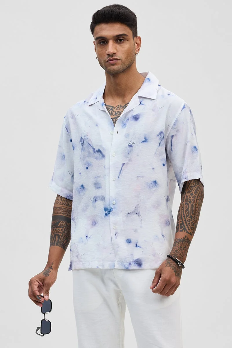 سنيتش Blue Abstract Half Sleeve Oversized Casual Shirt