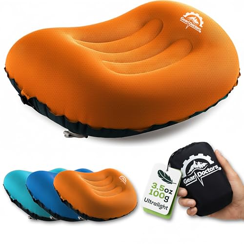 Gear Doctors 3.5oz Compact Ultralight Inflatable Camping Pillow—Inflatable Camp Pillow—Backpacking Pillows Ultralight—Camping Pillows for Sleeping, Hiking, Travel, Beach, Office, Neck, Lumper [Orange] - Image 1