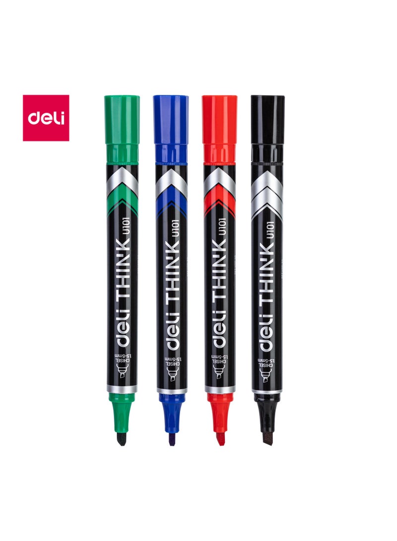Deli Deli EU10101 Permanent Marker Assorted Colours 4pcs/box – ideal for cardboard, metal, glass, and plastic  - Image 1