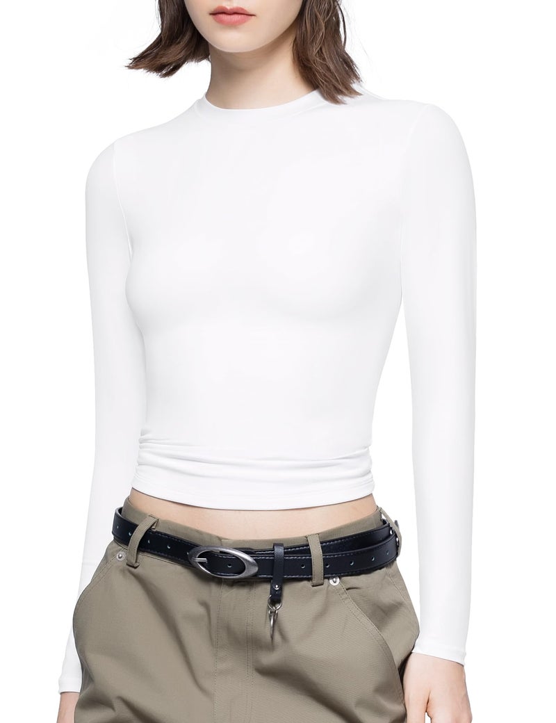 PUMIEY Long Sleeve Shirts for Women Crew Neck Slim Fit Fall Tops Sexy Basic Tee, Splashed White X-Large - Image 1