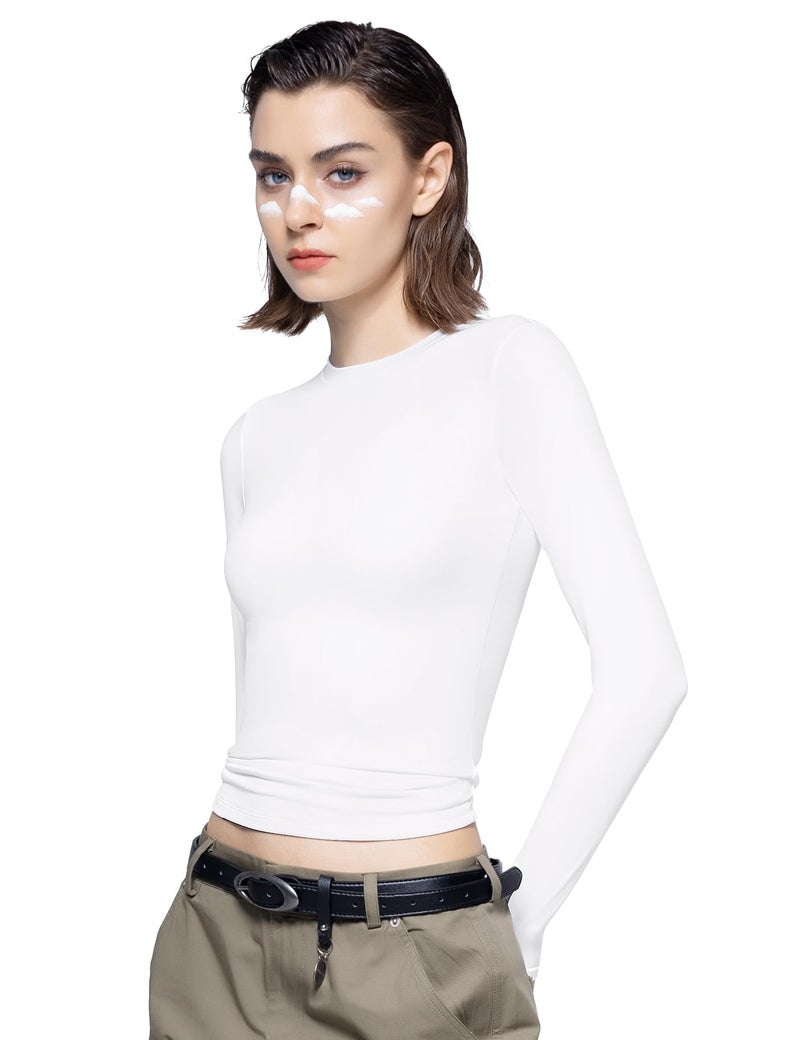 PUMIEY Long Sleeve Shirts for Women Crew Neck Slim Fit Fall Tops Sexy Basic Tee, Splashed White X-Large - Image 2