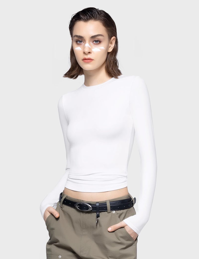 PUMIEY Long Sleeve Shirts for Women Crew Neck Slim Fit Fall Tops Sexy Basic Tee, Splashed White X-Large - Image 5