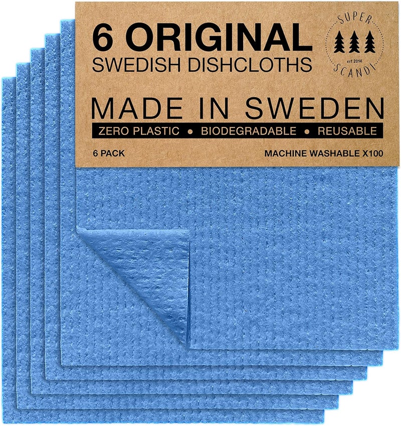 سوبر سكاندي حزمة من 6 مناديل مائدة سويدية من SUPERSCANDI للمطبخ - مناديل ورقية قابلة للتحلل البيولوجي والتسميد بنسبة 100%، قابلة لإعادة الاستخدام، آمنة للطعام وخالية من البلاستيك، لون أزرق - Image 1