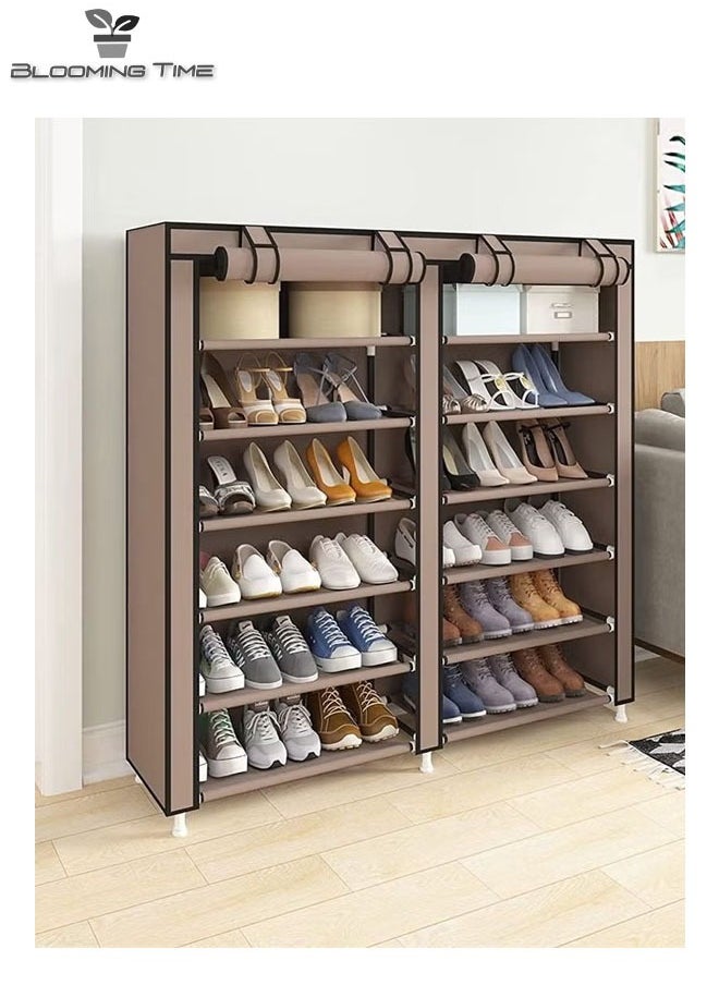 BLOOMING TIME - Double-Row 12-Layer Non-Woven Shoe Rack, Simple Installation, Waterproof And Dustproof, Brown - Image 1
