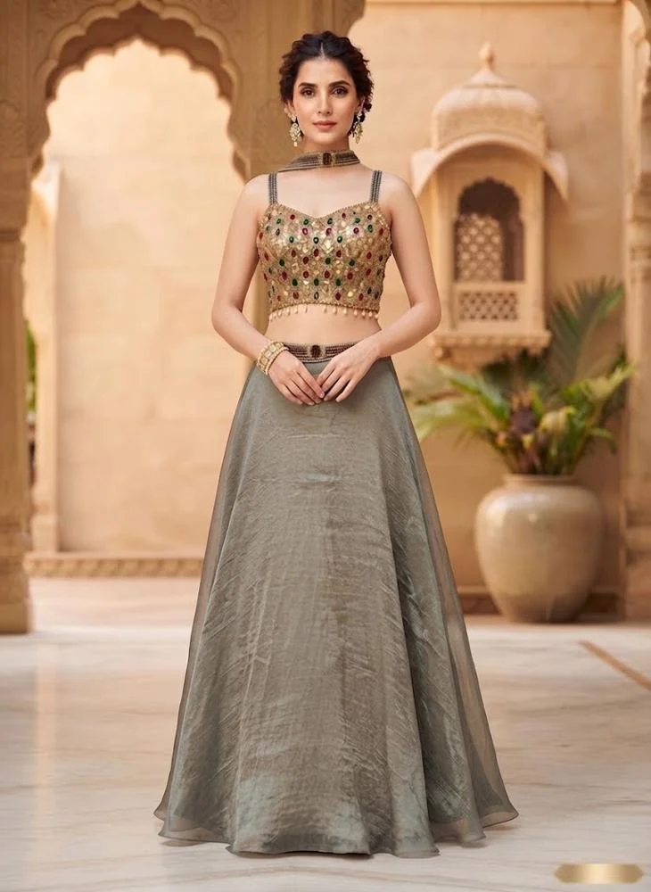 Viny VINY Metallic Silver 3-Piece Embellished Lehenga Set – Women's Indian Ethnic Wear