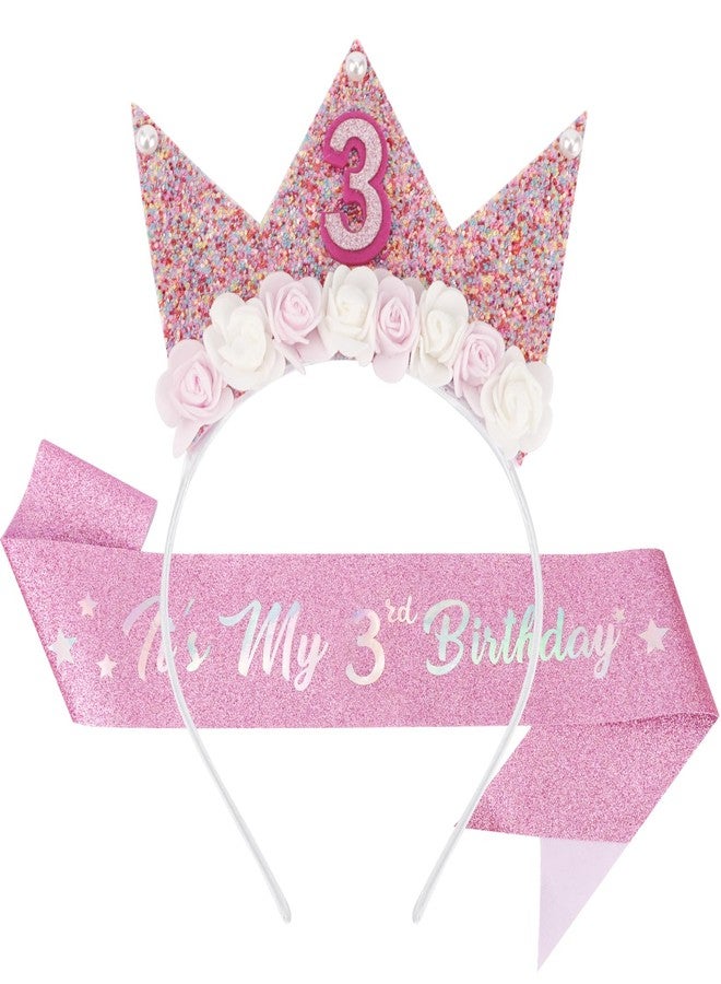 SuPoo 3rd Birthday Sash & Birthday Girl Headband Crown Set 3rd Birthday Decorations for Girl Flower Princess Tiara Glitter Pearl Hair Band 3 Year Old Happy Birthday Party Outfit Accessory - Image 1