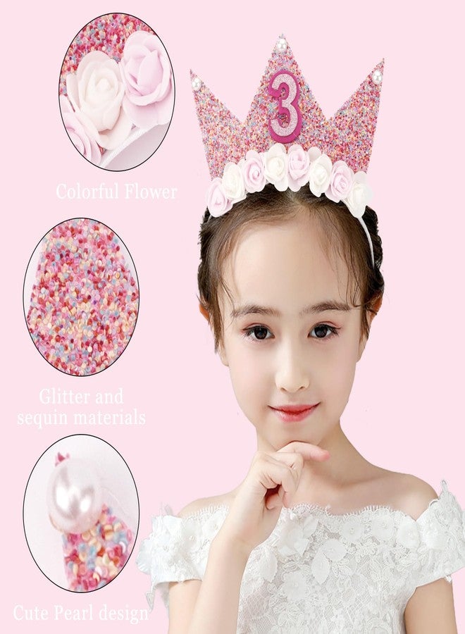 SuPoo 3rd Birthday Sash & Birthday Girl Headband Crown Set 3rd Birthday Decorations for Girl Flower Princess Tiara Glitter Pearl Hair Band 3 Year Old Happy Birthday Party Outfit Accessory - Image 4
