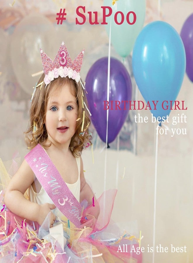 SuPoo 3rd Birthday Sash & Birthday Girl Headband Crown Set 3rd Birthday Decorations for Girl Flower Princess Tiara Glitter Pearl Hair Band 3 Year Old Happy Birthday Party Outfit Accessory - Image 2