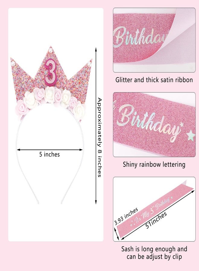 SuPoo 3rd Birthday Sash & Birthday Girl Headband Crown Set 3rd Birthday Decorations for Girl Flower Princess Tiara Glitter Pearl Hair Band 3 Year Old Happy Birthday Party Outfit Accessory - Image 5