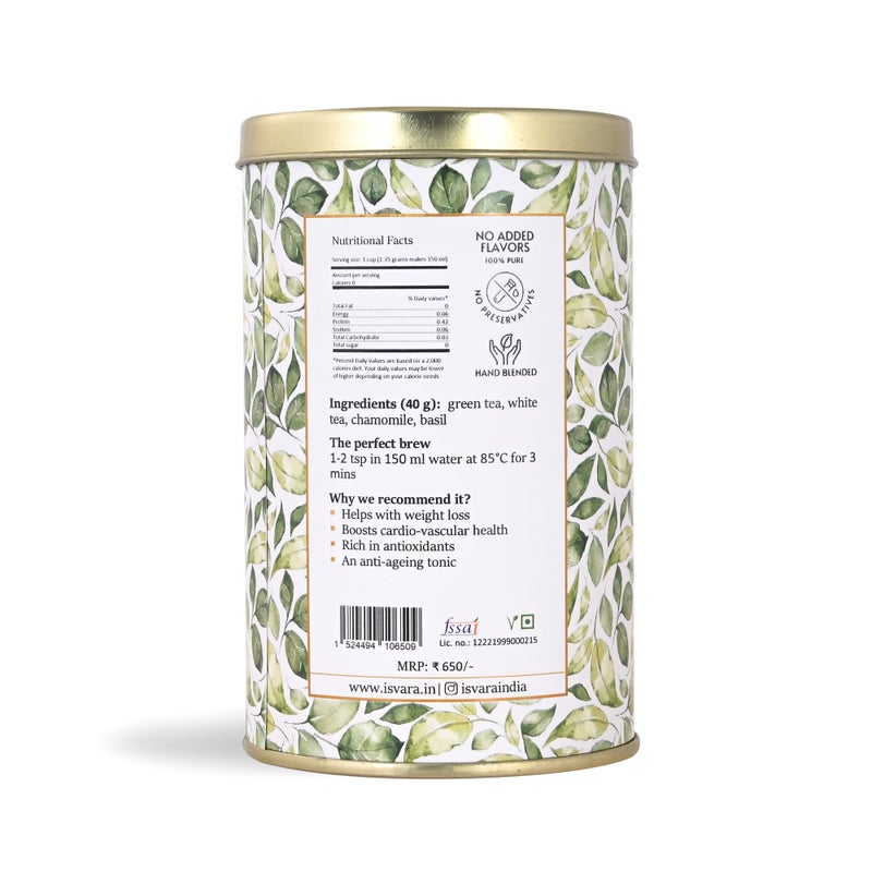 ISVARA chamomile white tea - Tale of Two Teas, blend of Organic green & Darjeeling white tea, chamomile, basil 40gm - Image 3