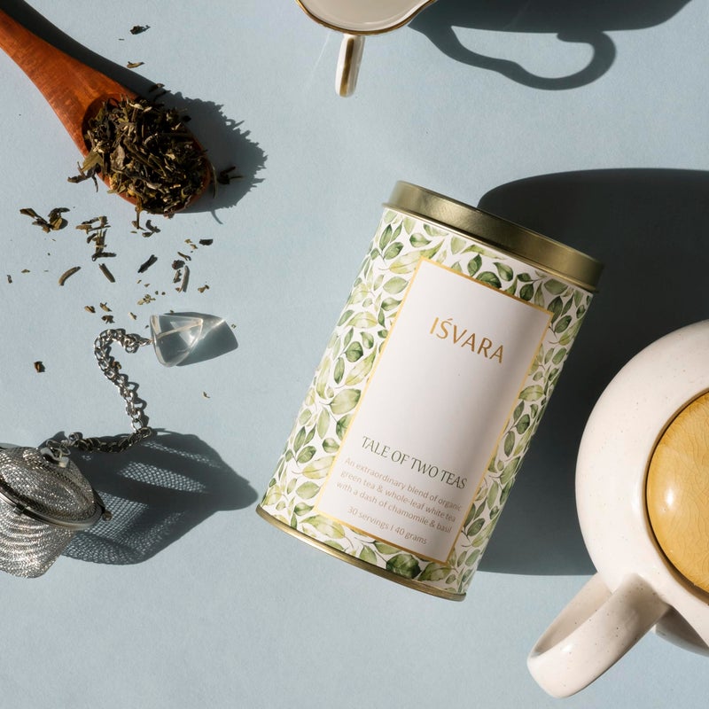 ISVARA chamomile white tea - Tale of Two Teas, blend of Organic green & Darjeeling white tea, chamomile, basil 40gm - Image 5
