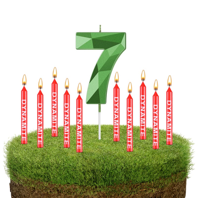 Fumete 13 Pcs Dynamite Candles TNT Themed 3D Design Green Number Birthday Candles TNT Cake Toppers for Kids Adults Birthday Wedding Baby Shower Video Game Party SuppliesNumber 7