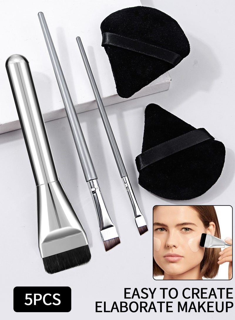 يوكانبي مجموعة 5 فرش مكياج رفيعة للغاية باللون الفضي - فرشاة كريم أساس مسطحة بدون تلطخ، لا تمتص المنتج، مثالية لكريم الأساس والكونسيلر وتطبيق الأقنعة - Image 1