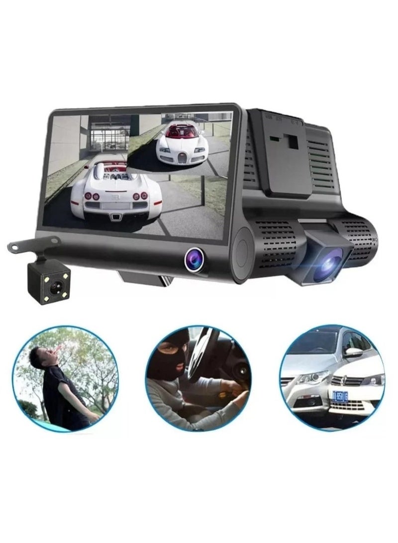 Dash Cam Mini car camera with three lenses (front/back/interior) with supports WIFI and app to control &1080P full HD and Mic for sound recording, supports night vision, with side buttons control, and TF memory up to (32GBmax).(not included). - Image 1