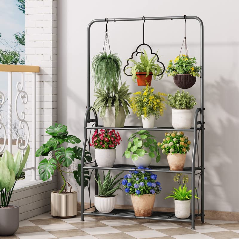 SORCEDAS Plant Stand Indoor Outdoor 3 Tier Tall Corner Hanging Plant Shelf Metal Flower Stands Ladder Plant Holder for Living Room Balcony Garden Patio Multiple Plants, Dark Grey - Image 4
