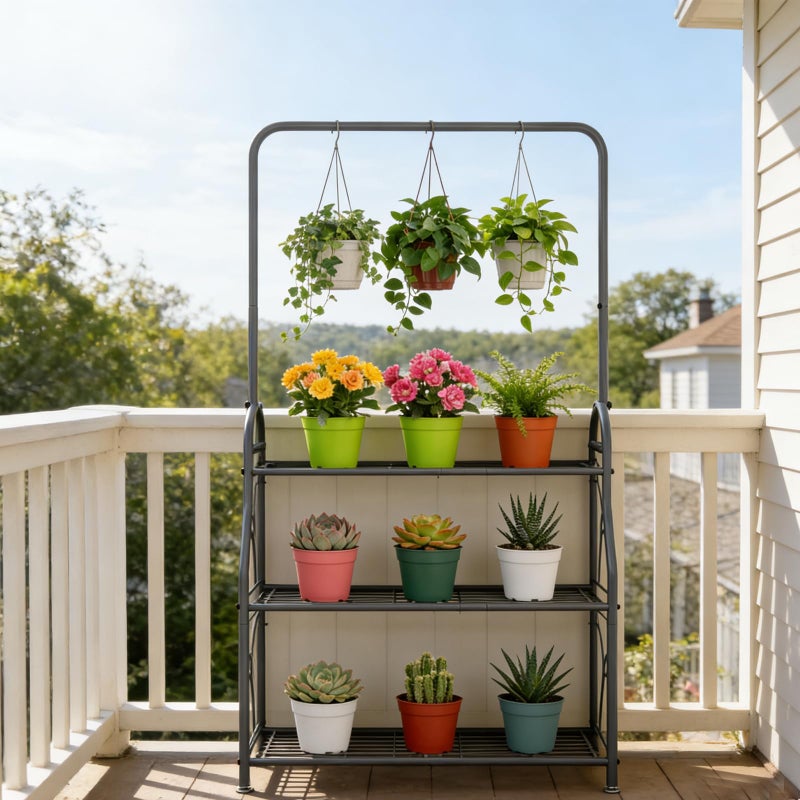 SORCEDAS Plant Stand Indoor Outdoor 3 Tier Tall Corner Hanging Plant Shelf Metal Flower Stands Ladder Plant Holder for Living Room Balcony Garden Patio Multiple Plants, Dark Grey - Image 2
