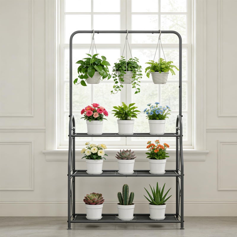 SORCEDAS Plant Stand Indoor Outdoor 3 Tier Tall Corner Hanging Plant Shelf Metal Flower Stands Ladder Plant Holder for Living Room Balcony Garden Patio Multiple Plants, Dark Grey - Image 3