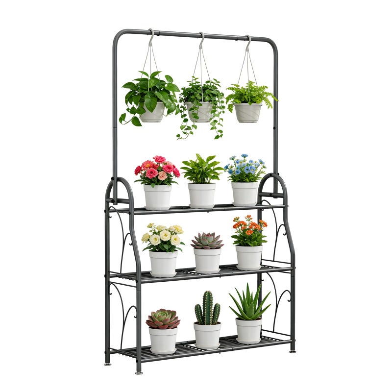 SORCEDAS Plant Stand Indoor Outdoor 3 Tier Tall Corner Hanging Plant Shelf Metal Flower Stands Ladder Plant Holder for Living Room Balcony Garden Patio Multiple Plants, Dark Grey - Image 1