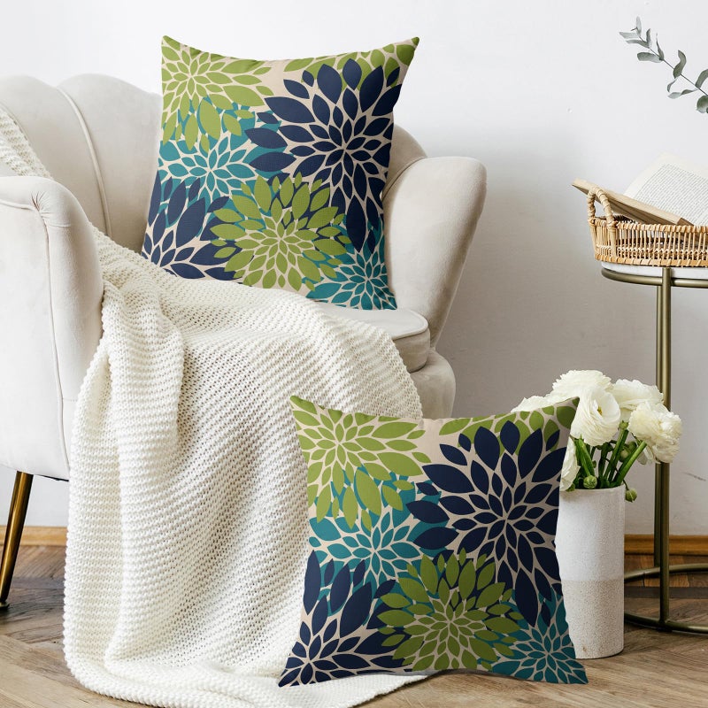 Smozenith Smozenith Navy Blue Green Teal Pillow Covers 18X18 Inch Set of 2  Modern Geometry Dahlia Floral Print Decorative Throw Pillow Covers Outdoor Farmhouse Cushion Case for Home Couch Sofa Bed Decoration  - Image 3