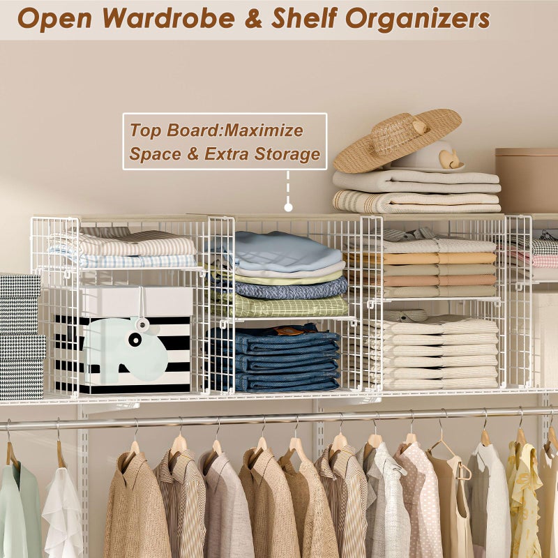 Hencawima 4-Tier Stackable Closet Organizers and Storage, Adjustable Dividers & Wood Top Storage Shelves for Clothes, Wardrobe & Closet Storage Basket Bins/Cube, Space-Saving Closet Organizer System, White - Image 5