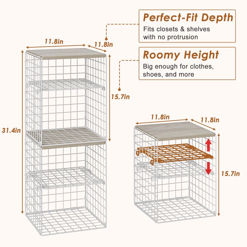 Hencawima 4-Tier Stackable Closet Organizers and Storage, Adjustable Dividers & Wood Top Storage Shelves for Clothes, Wardrobe & Closet Storage Basket Bins/Cube, Space-Saving Closet Organizer System, White - Image 3