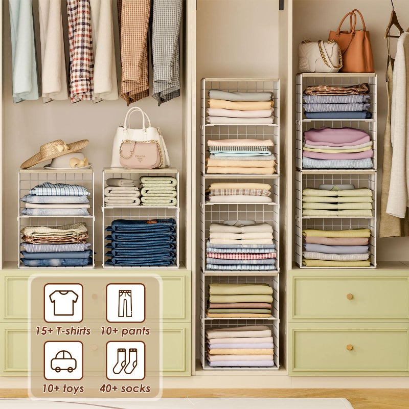Hencawima 4-Tier Stackable Closet Organizers and Storage, Adjustable Dividers & Wood Top Storage Shelves for Clothes, Wardrobe & Closet Storage Basket Bins/Cube, Space-Saving Closet Organizer System, White - Image 4